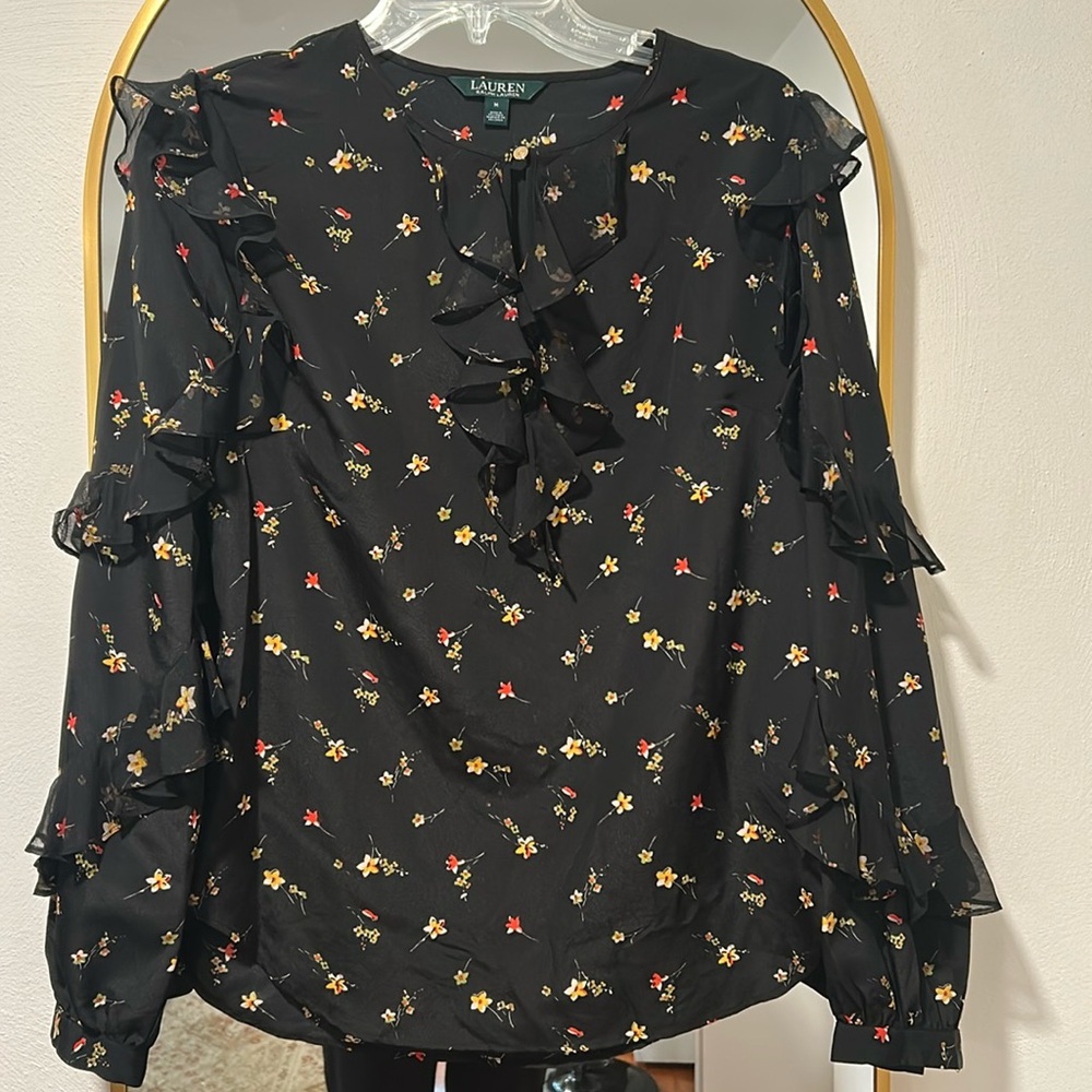 LRL Womens Shirt Medium Black Floral Ruffle Neck Sleeve Sheer Preppy Academia
